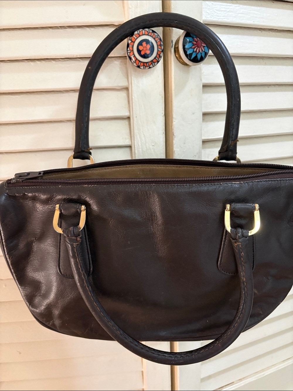 Elegant Dark Brown Leather Satchel with Gold-Tone Accents